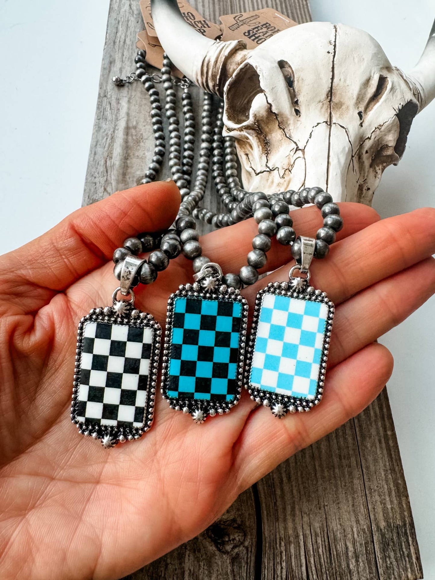 Western Checkered Pendant Necklace