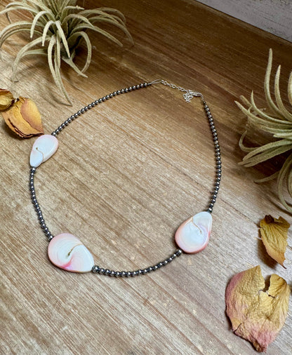 Sterling Silver Choker – 3 Flat Pink Conch Teardrops – 14.5" Approx.