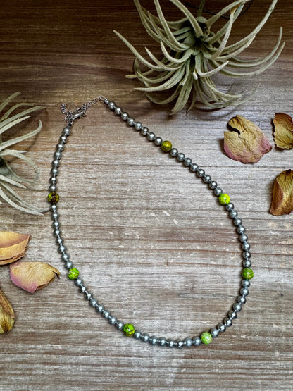 Silver-Plated Chain Necklace – 6mm Beads & 8mm Green Variscite – 18.5"