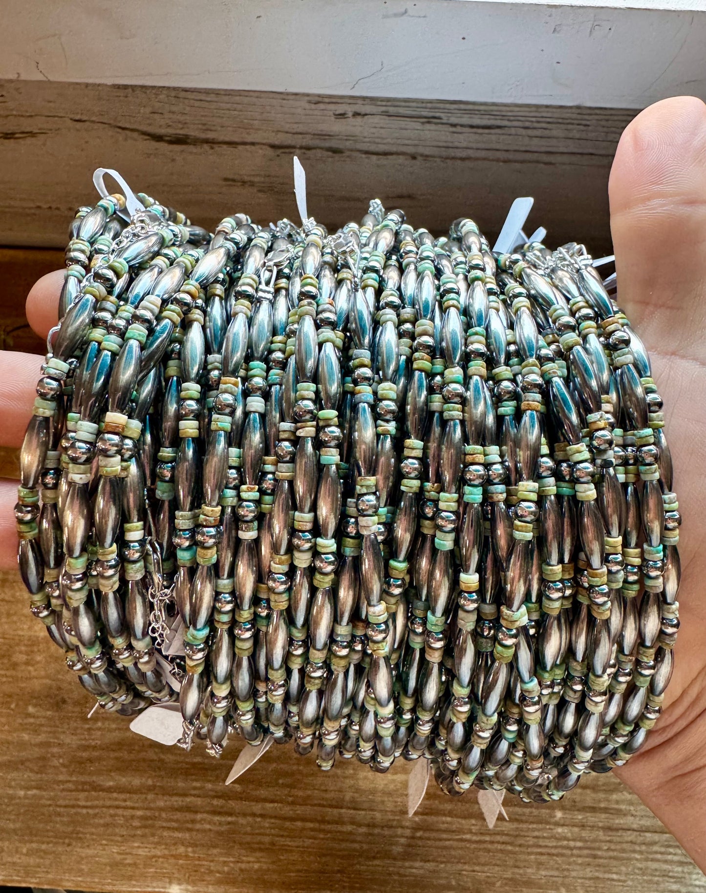 14.5" Torpedo Bead Choker – Sterling Silver Pearls & Green Turquoise