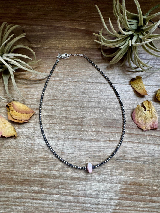 Sterling Silver Pearl Choker – Pink Conch Saucer Center – 14.5" + Extender