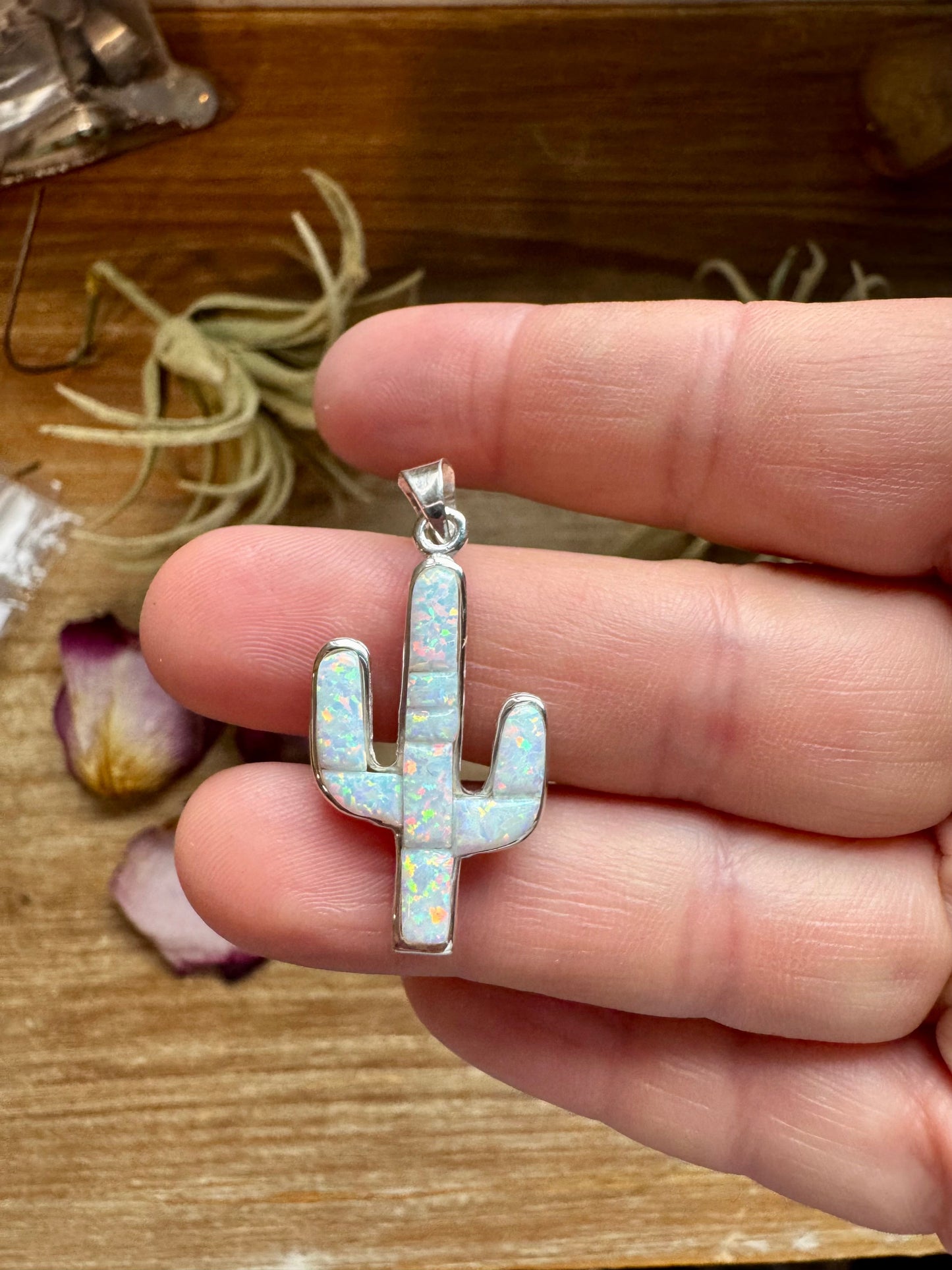 Cactus Pendant with White Opal – Sterling Silver – Fits 4mm Pearls