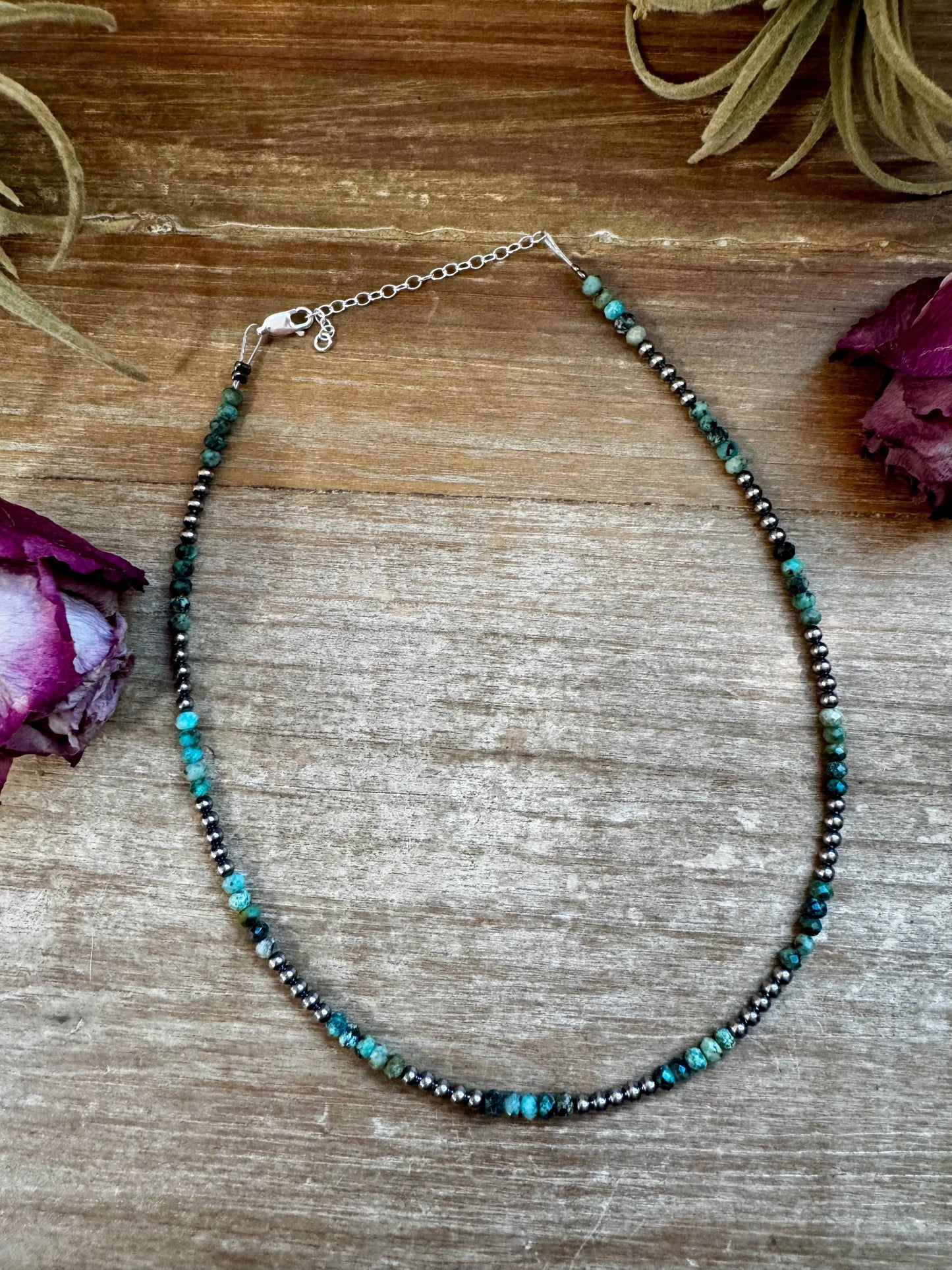 African Turquoise & Sterling Silver Pearl Choker – 3mm