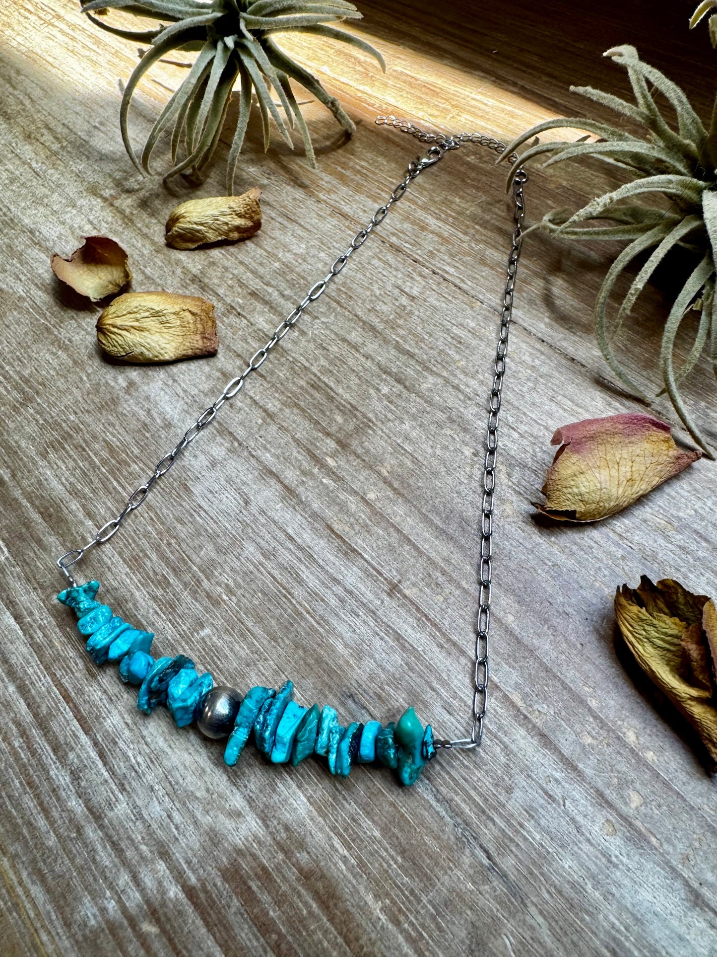 Turquoise Chip Necklace – Sterling Silver Pearl Accent – Paperclip Chain