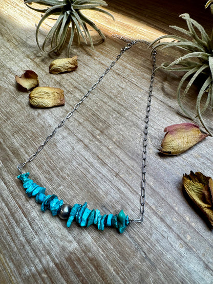 Turquoise Chip Necklace – Sterling Silver Pearl Accent – Paperclip Chain