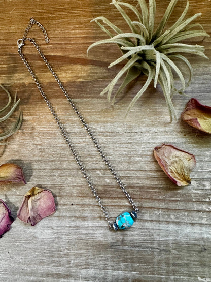 16 inch long necklace with saucer Sterling Silver Pearls and turquoise Variscite