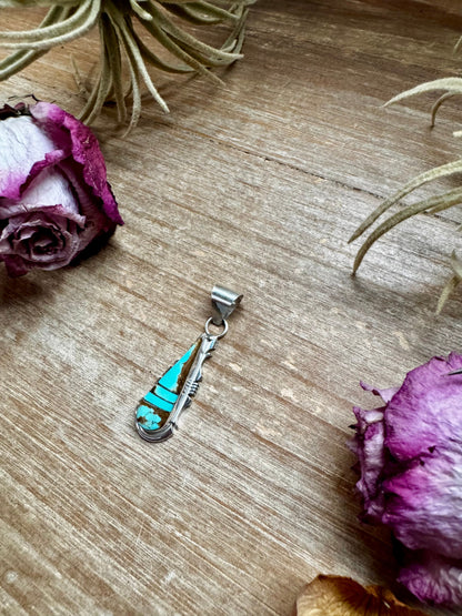 Teardrop Pendant with Kingman Turquoise – Option 5 – Sterling Silver – Native Made by SF – Fits 5mm