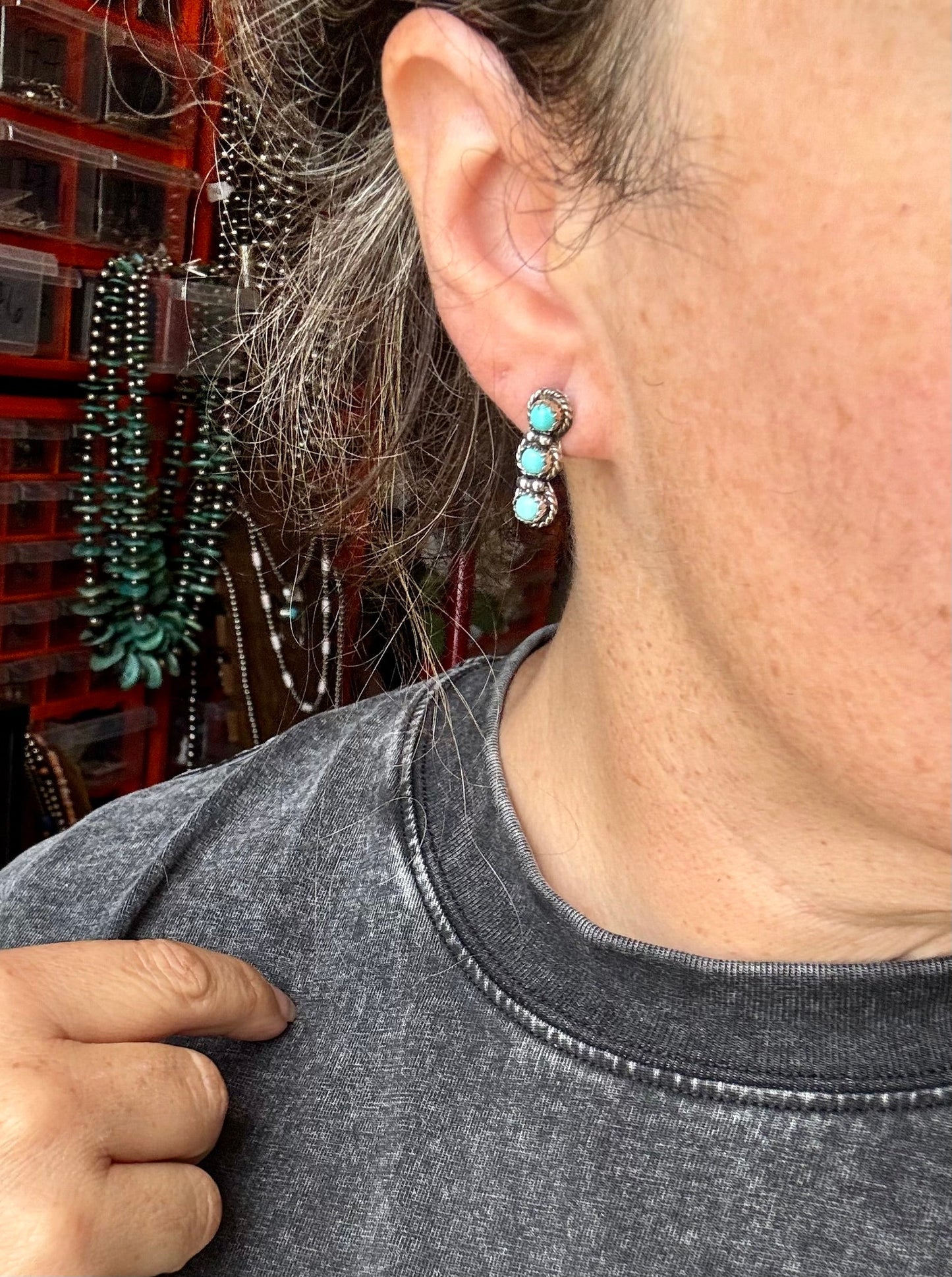 Triple Kingman Turquoise Stud Earrings – Sterling Silver, USA Made