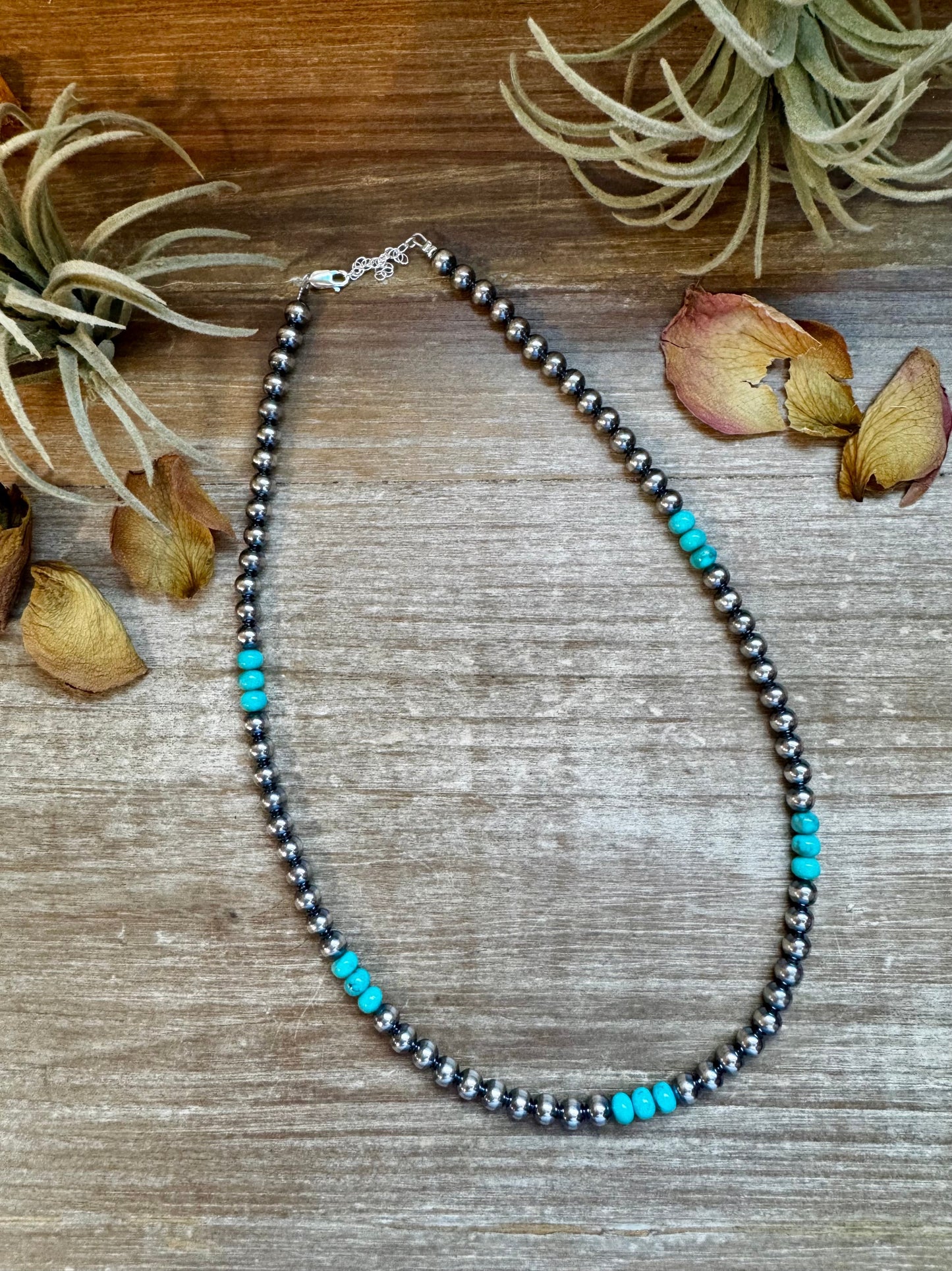 Sterling Silver Pearl & Blue Turquoise Necklace – 19"