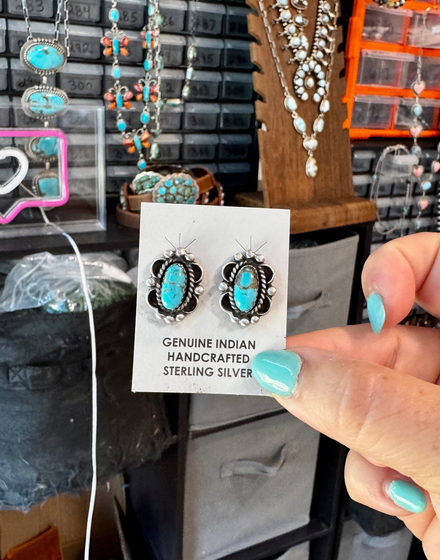 Kingman Turquoise & Silver Pearl Stud Earrings – Sterling Silver – Native Made by L. Silversmith