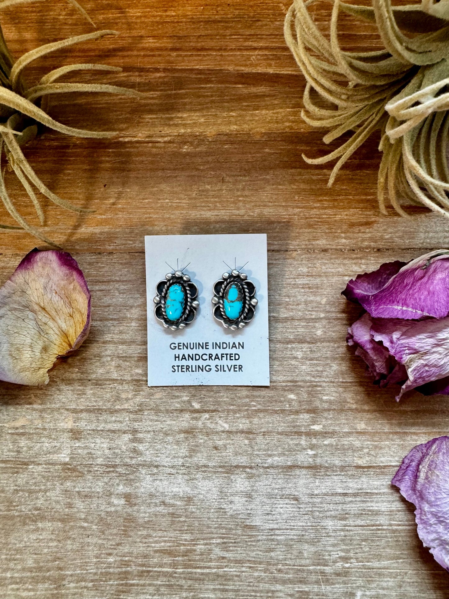 Kingman Turquoise & Silver Pearl Stud Earrings – Sterling Silver – Native Made by L. Silversmith