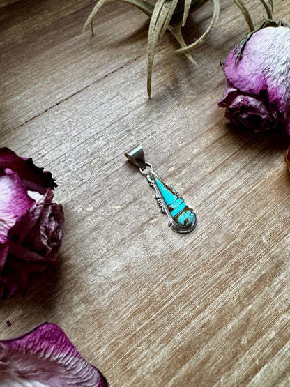 Teardrop Pendant with Kingman Turquoise – Option 5 – Sterling Silver – Native Made by SF – Fits 5mm