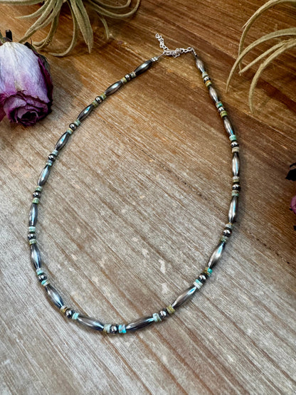 14.5" Torpedo Bead Choker – Sterling Silver Pearls & Green Turquoise