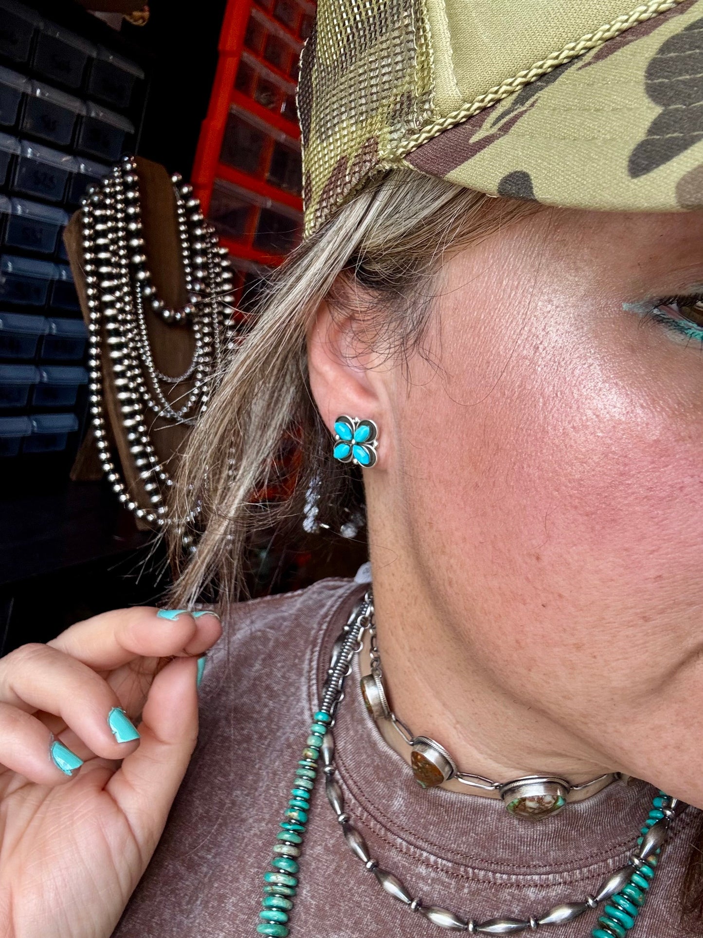Zuni Stud Earrings – Turquoise & Sterling Silver