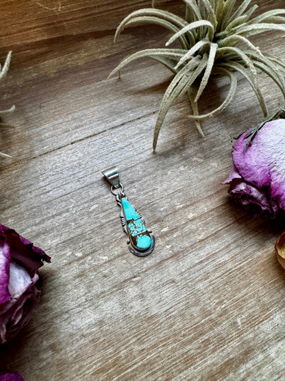 Teardrop Pendant with Kingman Turquoise – Sterling Silver – Native Made by SF – Fits 5mm