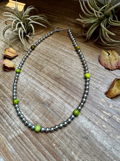 Silver-Plated Chain Necklace – 6mm Beads & 8mm Green Variscite – 18.5"