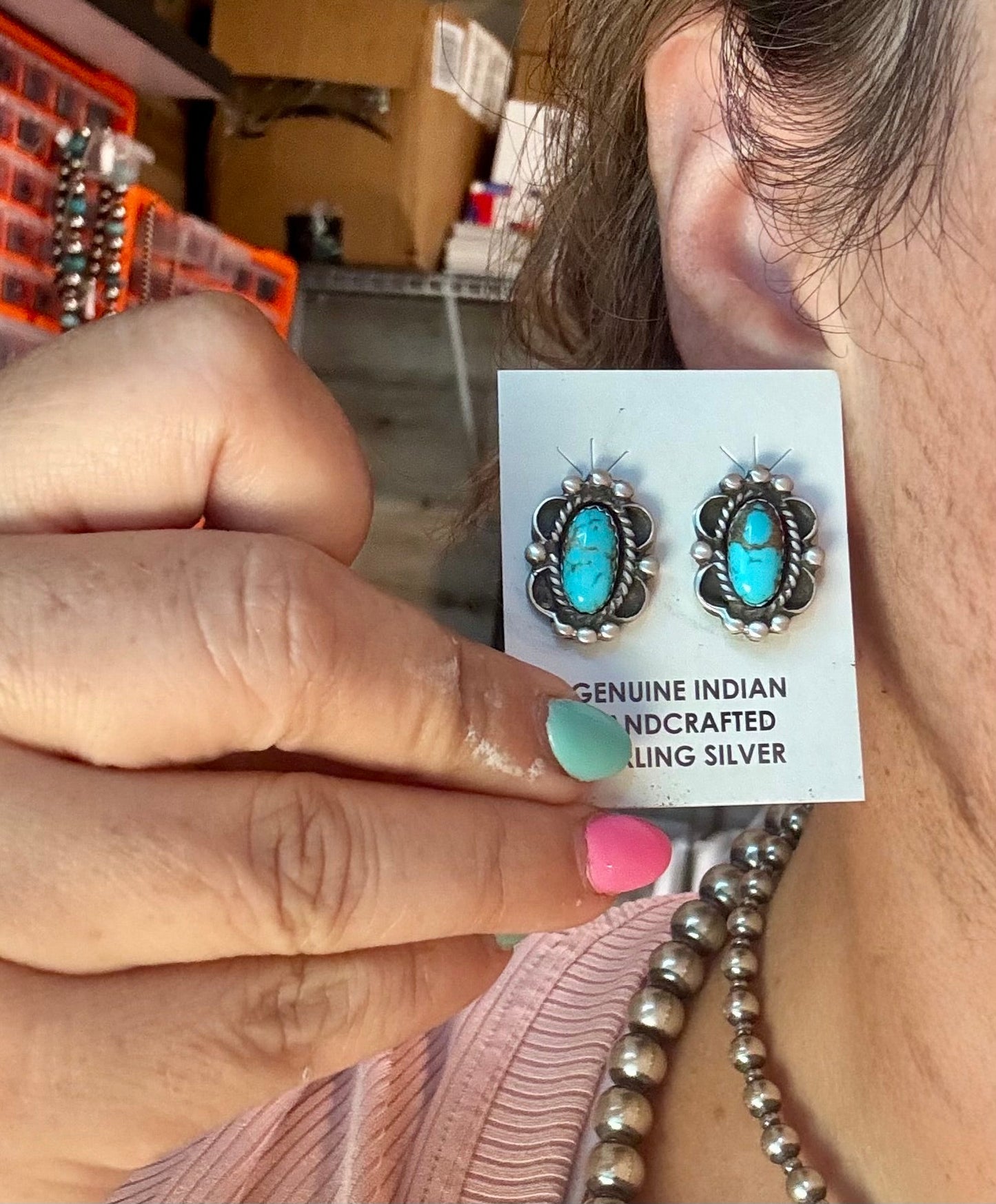 Kingman Turquoise & Silver Pearl Stud Earrings – Sterling Silver – Native Made by L. Silversmith