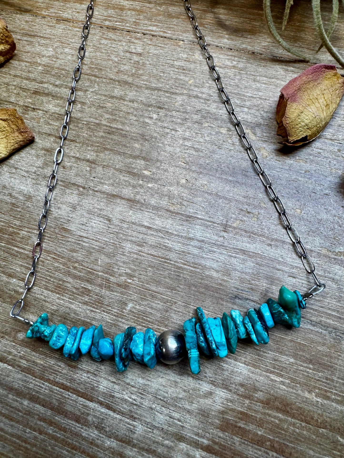 Turquoise Chip Necklace – Sterling Silver Pearl Accent – Paperclip Chain