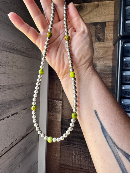 Silver-Plated Chain Necklace – 6mm Beads & 8mm Green Variscite – 18.5"