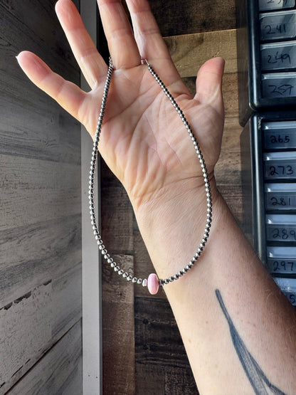 Sterling Silver Pearl Choker – Pink Conch Saucer Center – 14.5" + Extender