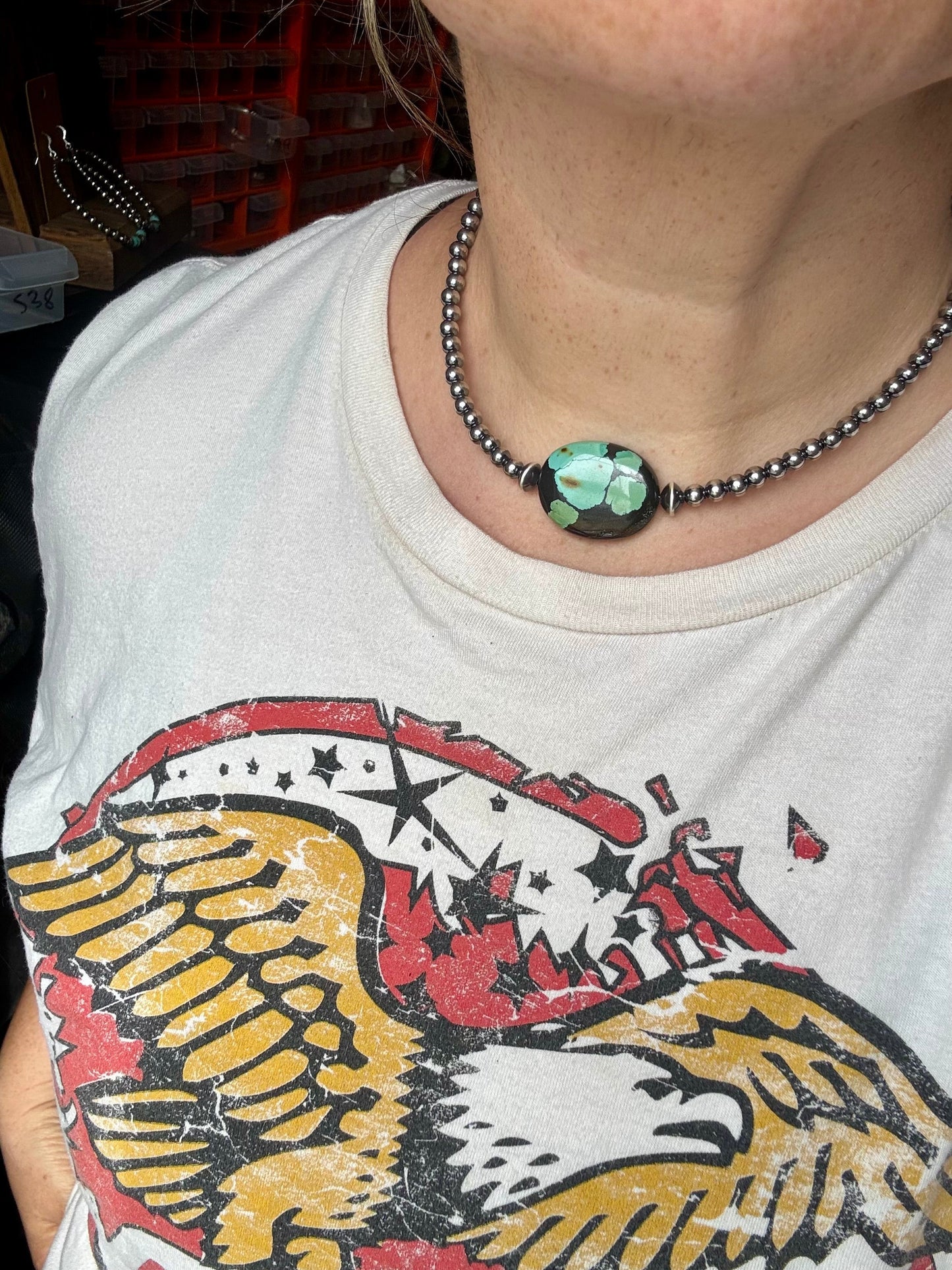 15-Inch Sterling Silver Pearl Necklace with Turquoise – One-of-a-Kind