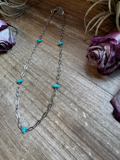 Sleeping Beauty Turquoise Necklace – Silver-Plated Paperclip Chain – Handmade by The Bijoux FAB – 15"