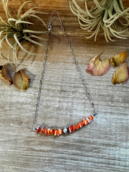 Paperclip Chain Necklace – Spiny Oyster Chip & Sterling Silver Pearl