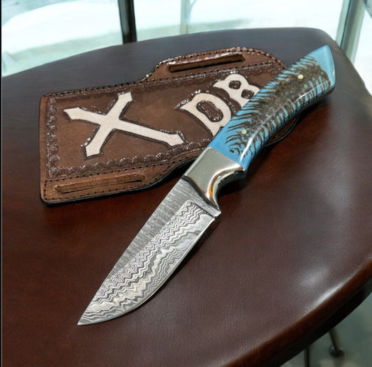 Premium Damascus Cowboy Knife – 10" Rasp Tool Steel Blade with Resin Pine Cone Handle & Western Leather Pancake Sheath