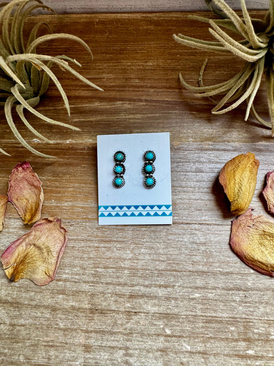 Triple Kingman Turquoise Stud Earrings – Sterling Silver, USA Made