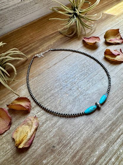 15-Inch Sterling Silver Pearl & Blue Turquoise Torpedo Choker