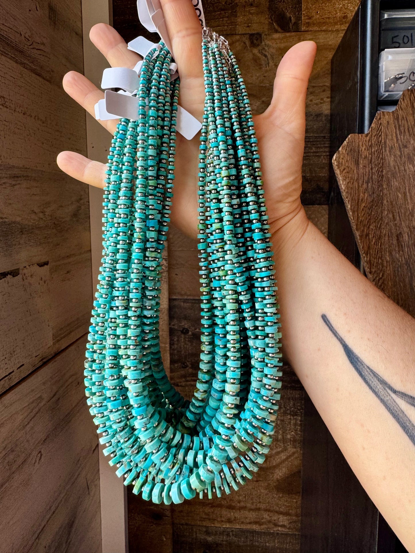 20.5-Inch Graduated Turquoise Disk Necklace with Sterling Pearls