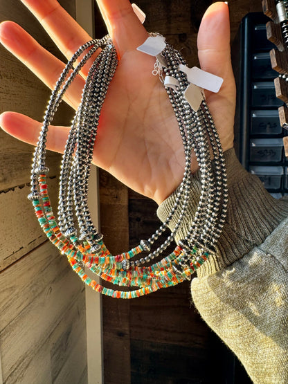 Sterling Silver Pearl Choker with Turquoise & Spiny Oyster Heishi