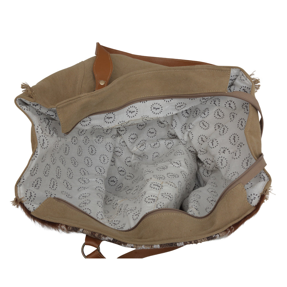 Myra Elisa Leather Weekender Bag - Spacious Cowhide Travel Tote with Tribal Woven Panel and Dual Shoulder Straps