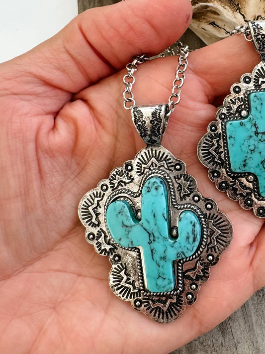 Western Stone Cactus Pendant Necklace